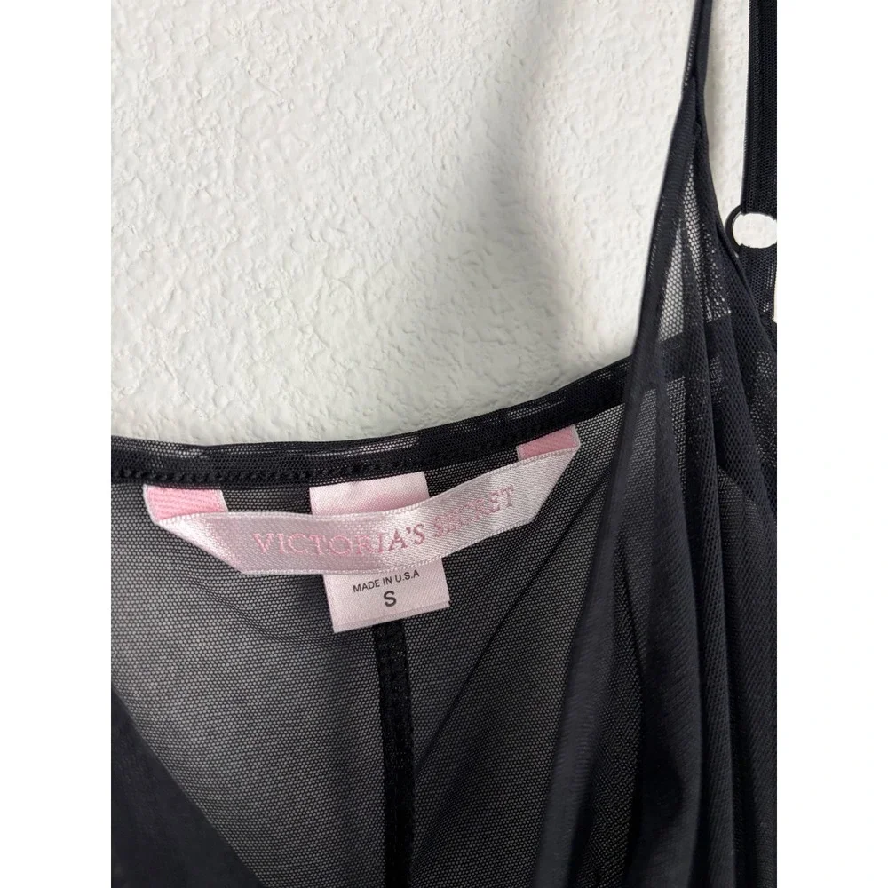 Victoria's Secret Black Sheer‎ Mesh Lace Trim Chemise Nightie Small Made in USA